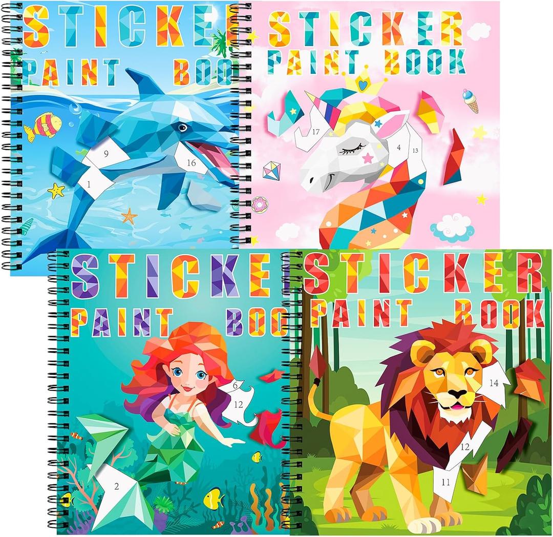 homicozy 4PCS Sticker Paint Books for Kids Ages 4-10,Unicorn Mermaid Animals Designs Paint By Stickers,Sticker By Numbers,Party Birthday Gifts for Girls 4-10,Create 40 Pictures One Stickers at A Time