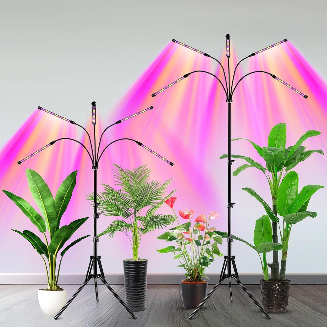 Garpsen LED Grow Light, 5 Head Full Spectrum Plant Light with Gooseneck, 3 Light Modes & 5 Levels Dimmable, 100 LEDs Grow Lamp with 15~63''Adjustable Tripod Stand, for Indoor Plants (2 Pack)