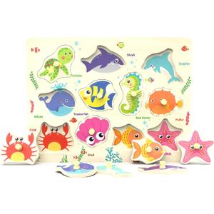 Wooden Peg Puzzle, Sea Creature Chunky Baby Puzzles, Colorful Wood Shape Puzzle Peg Board, Animal Knob Puzzles for Educational Toddlers 18 Months and Up, 11 Pieces