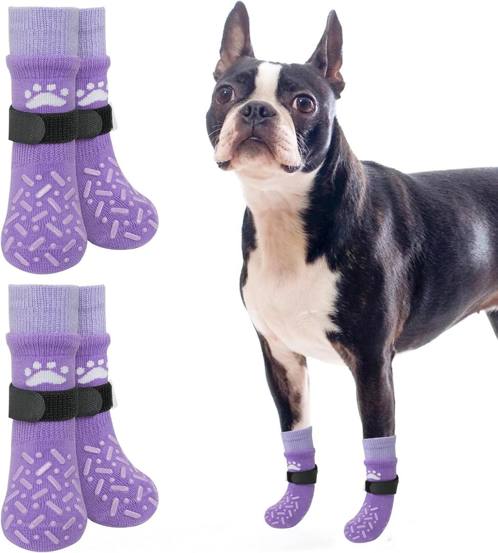 SCENEREAL Dog Socks to Prevent Licking Paws for Hot/Cold Pavement, Anti Slip High Top Dog Grip Socks for Hardwood Floors, Dog Shoes Booties&Paw Protector for Dog, Purple (S(Pack of 4))