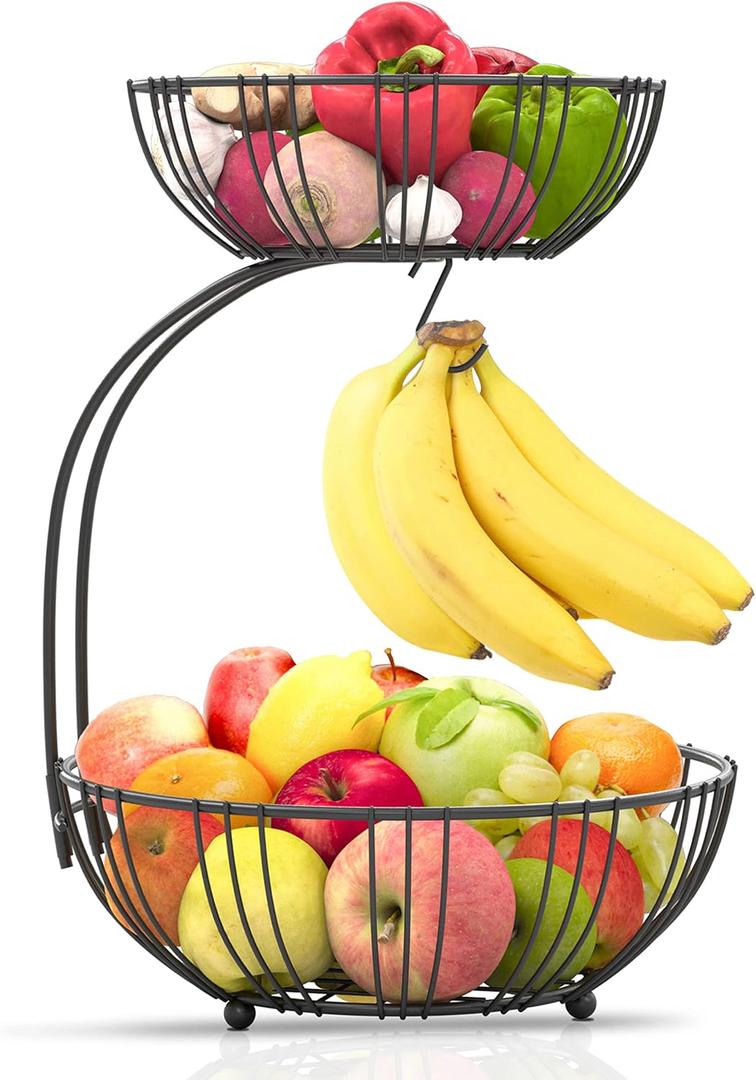 RICCLE Fruit Basket For Kitchen Counter - Fruit Basket With Banana Hanger - Double Layer Metal Wire Fruit Bowl For Kitchen Countertop - Fruit Holder For Produce, Vegetables, Kitchen