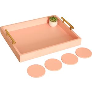 Serving Tray 16.5X 13Deluxe Wooden Ottoman Tray for Coffee Table with Polished Gold Metal Handles and 4 Coasters, Living Room Bathroom Coffee Bar Organizer Modern Decorative Pink Tray