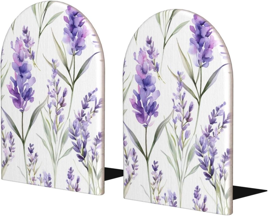Wooden Bookends for Shelves Lavender Floral Purple Flower Non Skid Book Ends Heavy Duty Decorative Book Stoper for Home Office Library 1 Pair