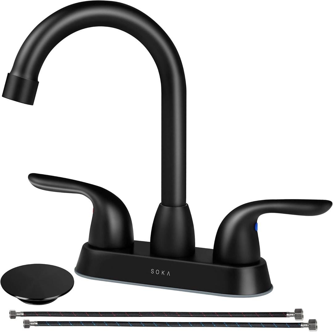 2 Handle Bathroom Faucet Black, 4 Inch Black Bathroom Sink Faucet Centerset with Lift Rod Drain Stopper and Supply Hoses, RV Bathroom Faucet 3 Holes, Matte Black Bathroom Faucet