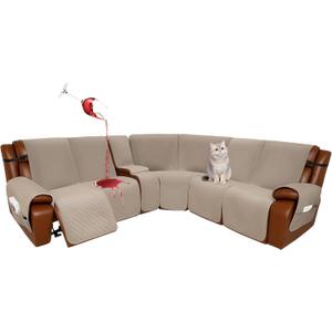 Velvet 1OO% Waterproof Reclining Sectional Couch Covers for Sectional Sofa L Shape 8-Piece Quilted Corner Recliner Sofa Cover Slipcovers Set Washable (5 Seater with 1 Console, Khaki)