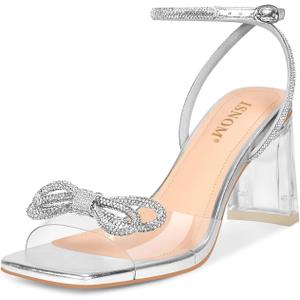 ISNOM Clear Rhinestone Heels for Women, Comfortable and Sassy, Suitable for All Occasions (9.5, Bow Silver)