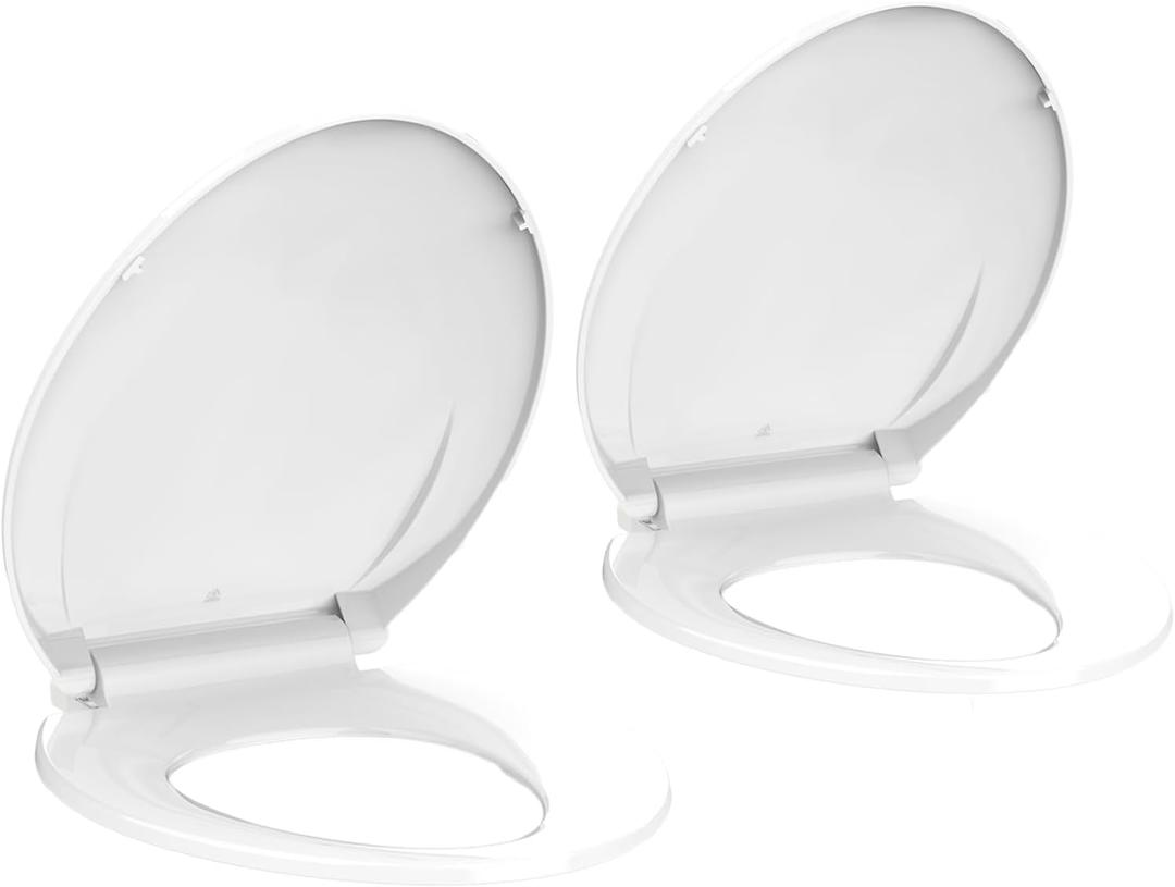 2-Pack Elongated Slow Close Toilet Seats, White Polypropylene (PP) Covers with Never Loosen Feature, Quiet Design for Easy Installation and Cleaning