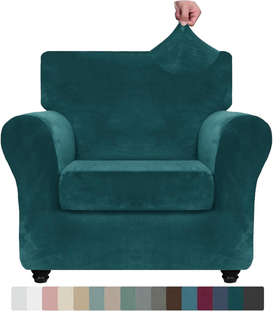 ZNSAYOTX Luxury Velvet Chair Slipcovers with Arms 2 Piece Stretch Chair Covers for Living Room Soft Armchair Slipcover Anti Slip Dog Pet Friendly Furniture Protector (Deep Teal),30"-47"(1 Cushion), Deep Teal/Blackish Green