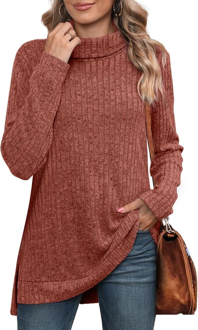 WIHOLL Womens Tunic Tops Turtleneck Long Sleeve Shirts Oversized Fall Sweaters Side Split High Low Hemline (Small, Caramel Orange)
