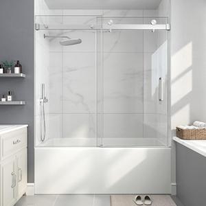 Frameless Bathtub Shower Door, 55-60" W x 60" H Sliding Tub Shower Door, 1/4''(6mm) SGCC Tempered Glass with Explosion-Proof Film Nano Coating in Brushed Nickel Finish