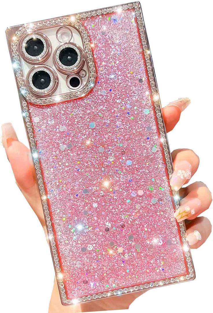 Cute Glitter Compatiable with iPhone 16 Pro Max Case,Luxury Rectangle Bling Sequin Rhinestone Cover,Slim Soft Electroplated Shockproof Protective Shinny Phone Cover for Women Girls(Pink)