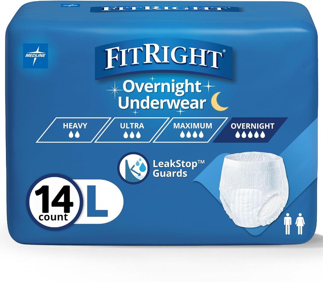 FitRight Overnight Unisex Large Underwear, (40-56 in Waist) 14 Count, Maximum All Night Disposable Incontinence Protection, Pull-On Absorbent Underwear for Men and Women, 1 Bag
