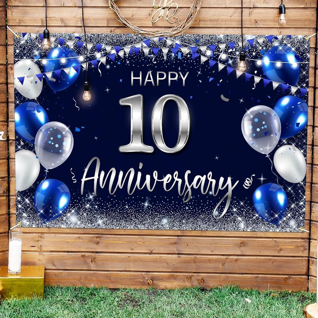 Happy 10th Anniversary Backdrop Banner Decor Navy Blue  Silver Glitter Happy 10 Years Wedding Anniversary Party Theme Decorations for Women Men Supplies (10)