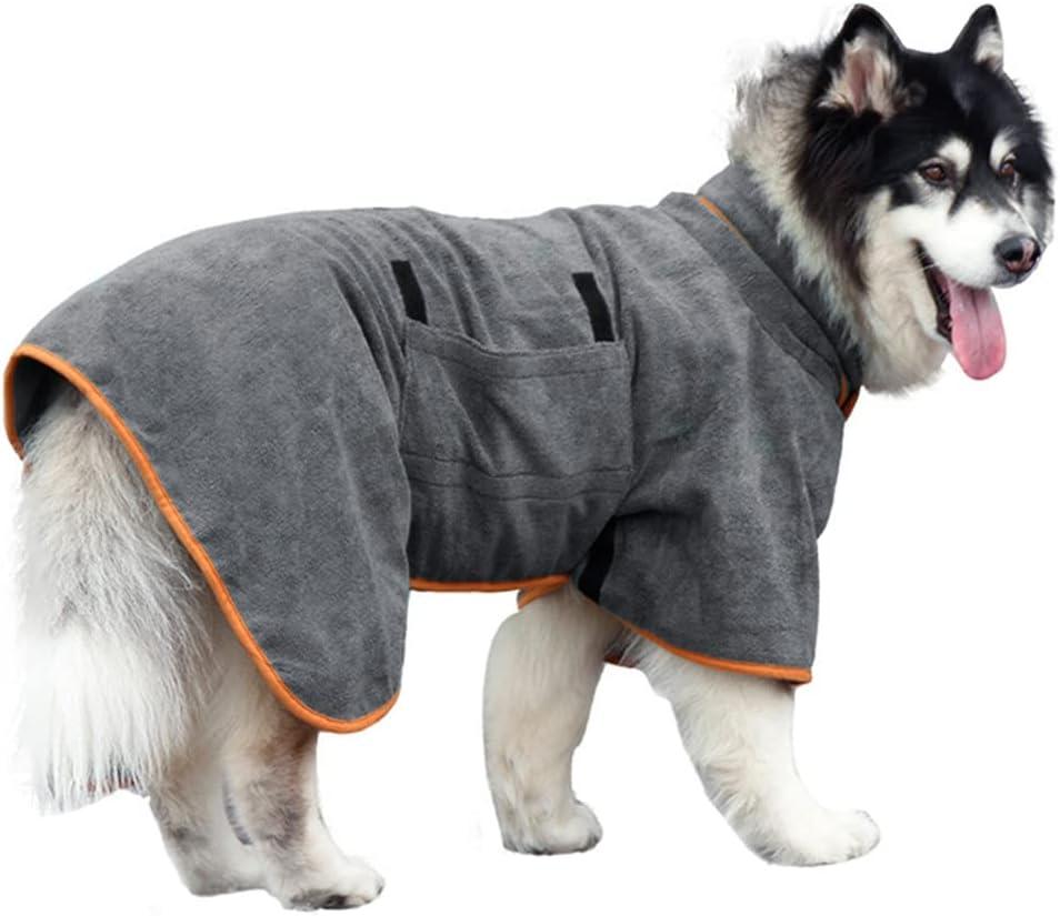 Dog Drying Coat Bathrobe Towel, Microfibre Material Fast Drying Super Absorbent Dog Bath Robe, Pet Quick Drying Moisture Absorbing with Adjustable Collar and Waist (Large, Grey-1)