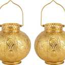 TRIROCKS Set of 2 Moroccan Style Metal Table Lamp 7'' High Battery Powered Cordless Lamp with LED Lights Bulb Perfect for Home Living Room Parties Tabletop Indoors (Gold)