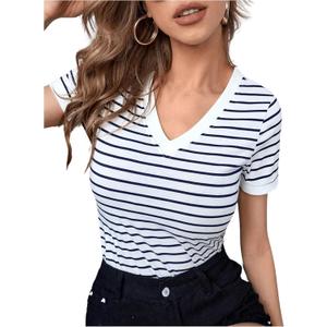 WDIRARA Women's Color Block Striped T Shirt Short Sleeve V Neck Slim Summer Tee Top Small