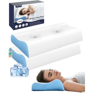Cervical Pillow for Neck Pain Relief - Contour Pillow Memory Foam Pillows for Sleeping, Double Ear Relief Zones Neck Pillow, 6CM Enhanced Neck Support Cooling Bed Pillow for All Sleep Positions (Standard (Pack of 2), White Blue)