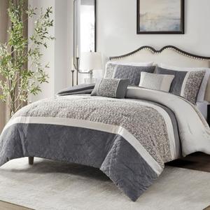 Madison Park King Comforter Set Pieced Boucle & Mink Comforters for King Size Bed Fuzzy & Warm Quilted Bedding, All Season Luxurious Comforters King Size Bed Set, Amelia, King/Cal King Grey 5 Piece