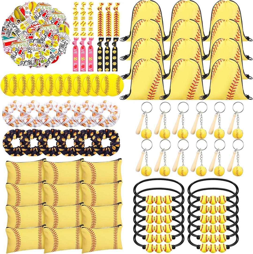 Halloscume 134 Pcs Softball Party Supplies Set Softball Drawstring Backpack Keychains Charm Bracelets Cosmetic Bag Ties Hair Scrunchies Mirror Stickers for Sports Team
