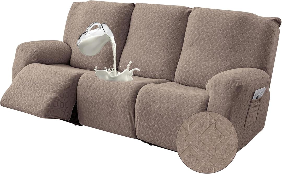 Gennia Waterproof Recliner Sofa Cover,Stretch Reclining Couch Covers with Pockets,Washable Lazy Boy Recliner Slipcovers,Leakproof Sofa Protector for Kids, Pets, Dog and Cat (3 Seat, Taupe)