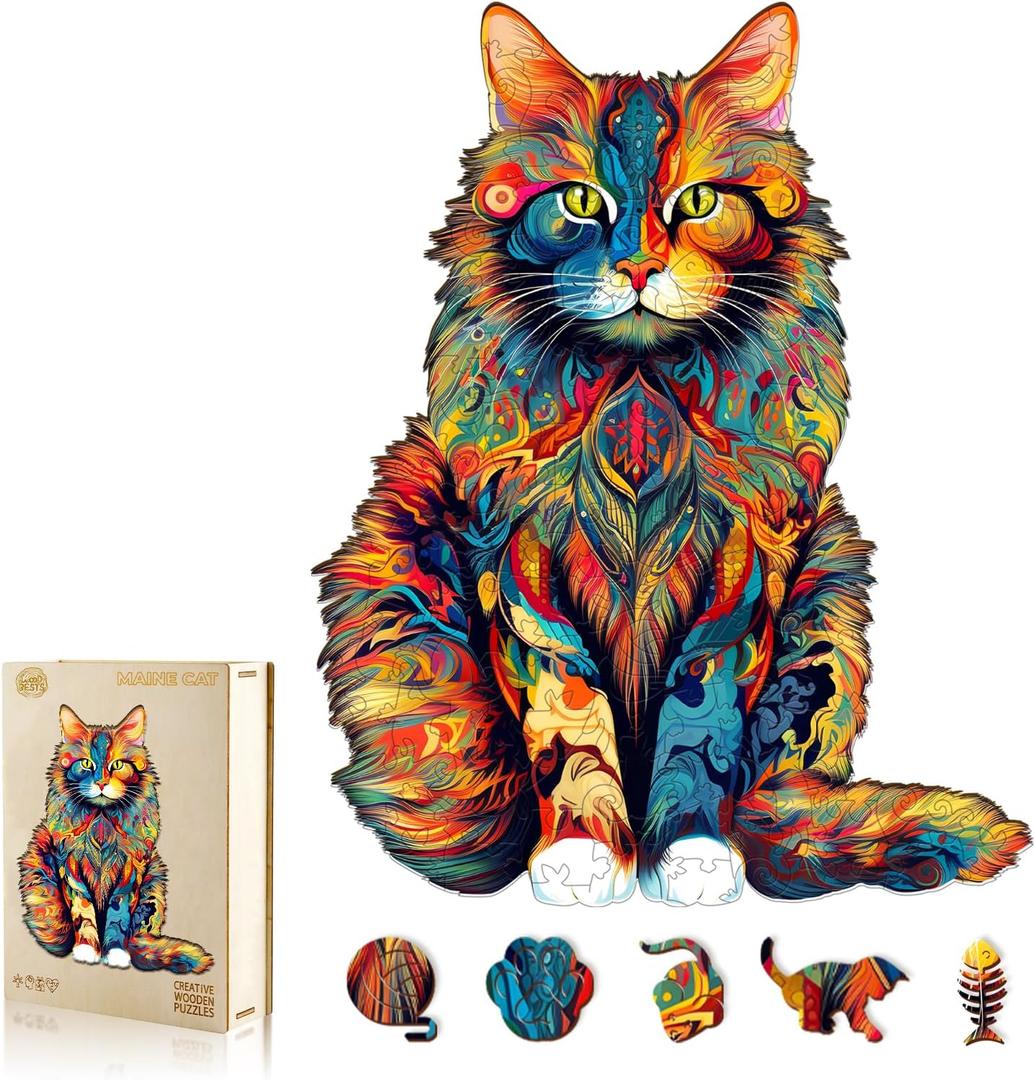 WOODBESTS Wooden Puzzles for Adults - Maine Coon, Cat Wooden Jigsaw Puzzle, Unique Animal Wood Puzzles Adult, Xmas Gifts for Puzzle Lovers(300 Pcs, L, 16.5"x13.2")