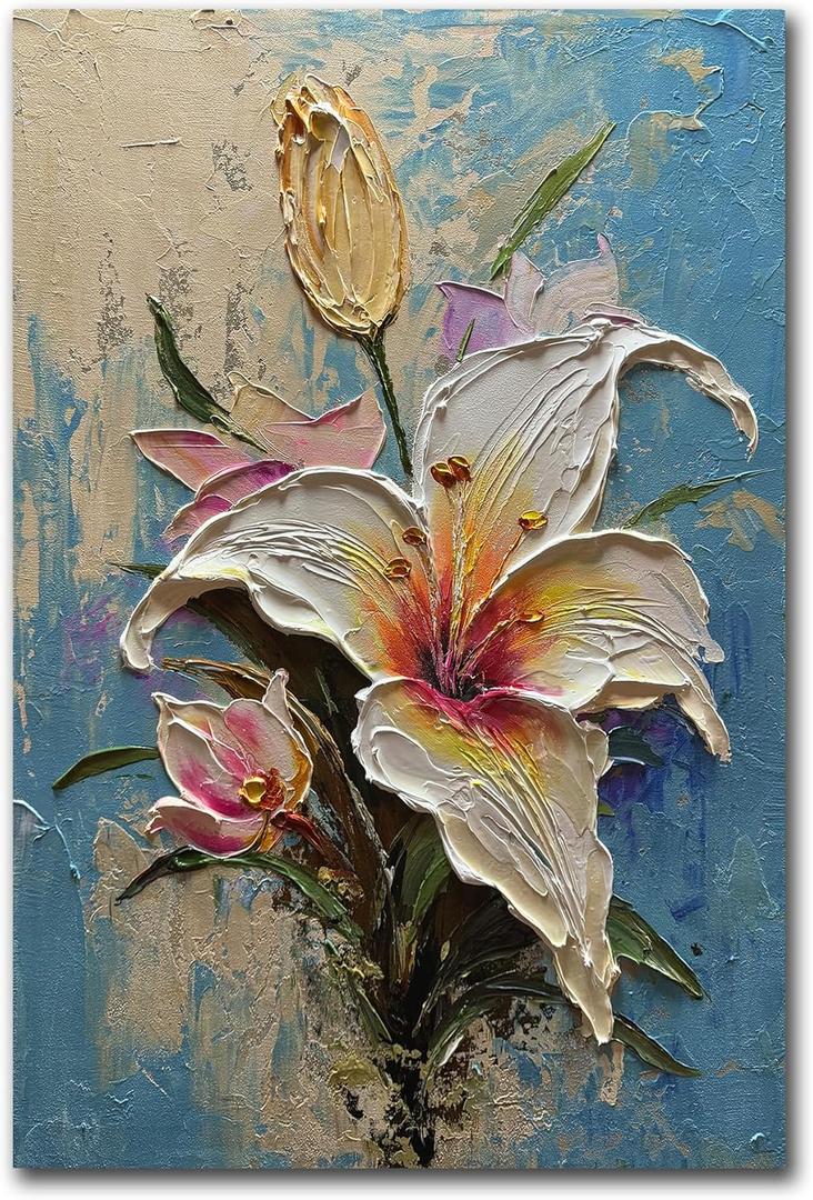 moshinart 24 x 36in Hand-Painted Oil Painting 3D Texture Black White Grey Modern Minimalist Black Abstract Wall Art, Home Office Wall Decoration Lily