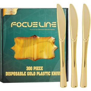 FOCUSLINE 300 Pack Disposable Gold Plastic Knives, Solid and Durable Plastic Cutlery Knives, Heavy Duty Disposable Utensil Silverware for Catering, Parties, Dinners, Weddings