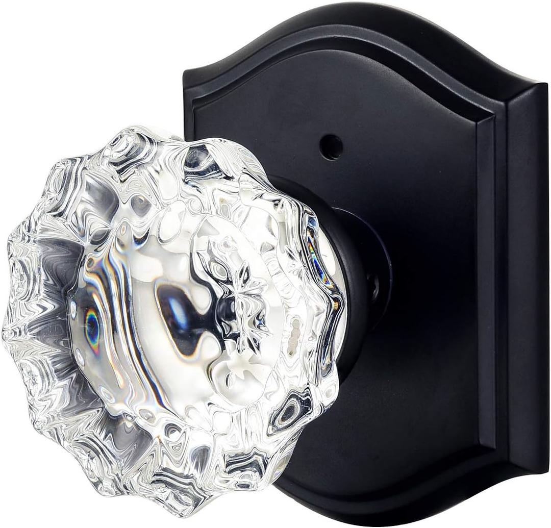 Glass Door Knobs Interior with Lock, Vintage Privacy Crystal Door Knobs for Bedroom Bathroom, Matte Black
