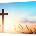 Christian Cross Canvas Wall Art - Religious Cross in Wheat Field with Sunrise & Birds, Inspirational Wall Decor for Living Room Bedroom Church, Spiritual Home Decoration Gift