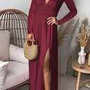 Yuopeid Women's Sexy Deep V Neck Solid Color Pleated High Waist Slit Club Party Evening Long Maxi Dress, Red, Large