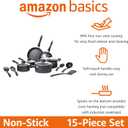 Amazon Basics Non-Stick Kitchen Cookware 15-Piece Set with Stay-Cool Handles, Even Heating, Non-Induction, Includes Pots, Pans, and Utensils, Black
