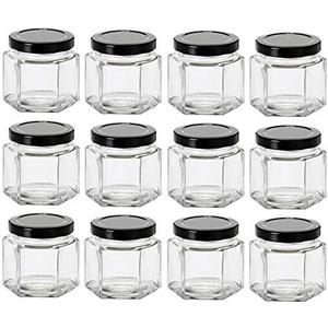 Nakpunar 12 pcs 4 oz Hexagon Glass Jars with Black Lids (4 oz, Black)