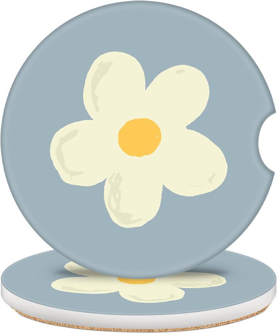 2 Pack Car Coasters for Cup Holders, 2.56" Universal Absorbent Ceramic Stone Car Cup Holder Coasters with Non-Slip Cork Base, Car Interior Accessories for Women Men(Blue White Flower)