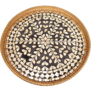 16-Inch Black Rattan Lazy Susan with Mother of Pearl Inlay Large Rotating Turntable for Dining Table, Kitchen & Holiday Entertaining, Decorative Serving Tray, Elegant Housewarming Gift