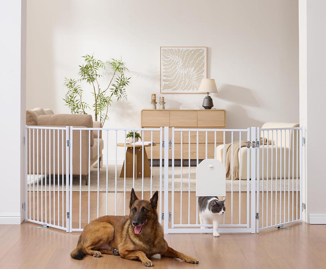No Pawblems Free Standing Dog Gate with Cat Door, 30'' Tall Foldable Dog Fence for Indoor & Outdoor, Up to 104 Inch Extra Wide Puppy Gate for Stairs, Hallways, Doorways, Deck, Yard (White, 4 Panels)