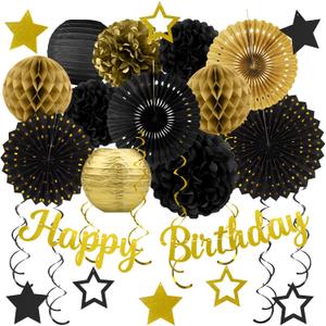 Black Gold Birthday Party-Decorations - 29pcs Black Gold Party Decorations for Men Women, Happy Birthday Banner Paper Streamers Lanterns Tissue Pom Poms - ZERODECO