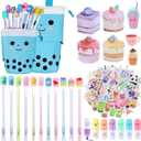 Sabary 228 Pcs Kawaii Stationary Set Include Telescopic Pencil Pouch Case Bag Gel Ink Pen Sticky Note Bubble Tea Sticker Pill Highlighter Stationary Cute Supplies for Christmas(Classic)