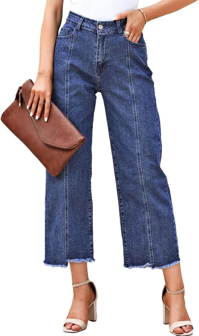 Sidefeel Women's Jeans High Waisted Wide Leg Loose Fit Straight Leg Zimbaplatinum Cropped Denim Pants (14, Blue)
