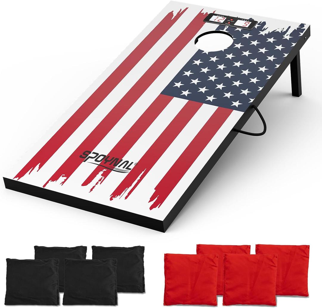 SPOYNAL Electronic Cornhole Board Set 4 x 2 FT, Wooden Corn Hole Game with Built-in Score Display, Portable Yard Games Set with 8 Bean Bags for Backyard, Tailgate, Lawn and Outdoor Gatherings