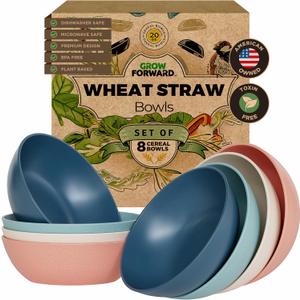 Grow Forward Premium Wheat Straw Bowls Set of 8 - Reusable 20oz Hard Plastic Cereal Bowls - Unbreakable Microwave Safe Bowls for Kitchen, Camping, RV, Dessert, Soup, Salad, Ramen - Tropical