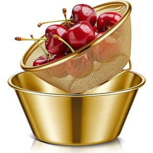 Baderke 2 Pcs Mini Colander & Food Strainer 304 Stainless Steel Small Mixing Colanders Bowl Rice Strainer for Kitchen Cooking Fruit Washing Vegetable(5.51 x 2.36 Inches,Gold)