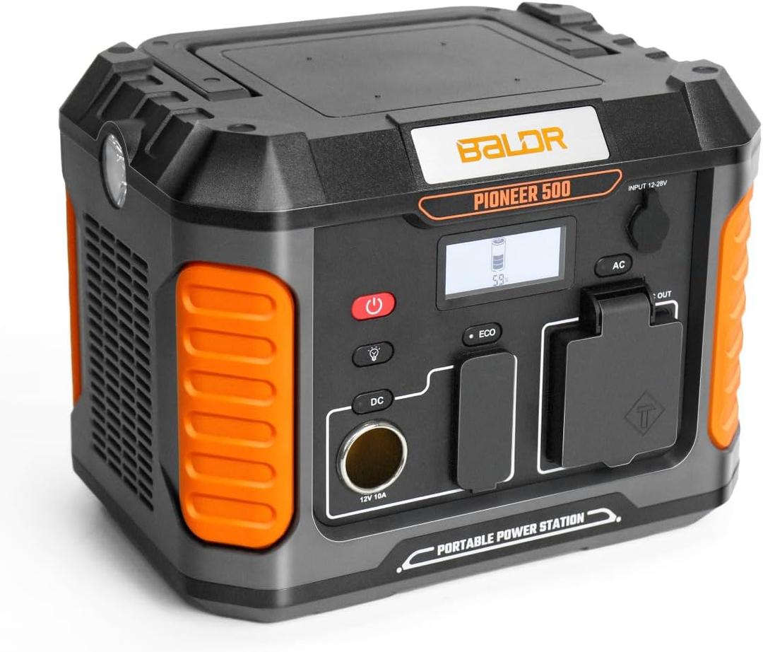 BALDR Portable Power Station, 500W Output, 288Wh Capacity, AC Outlet, USB Ports, Solar Charging Generator for Home Camping Emergency Use.