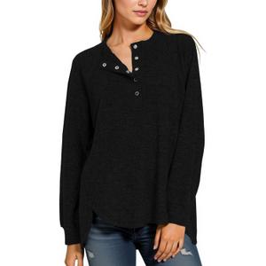 Tankaneo Womens Long Sleeve Henley Shirts Oversized Round Neck Sweatshirts Fall Tunic Tops Casual Loose Fit Tops (Large, Black)