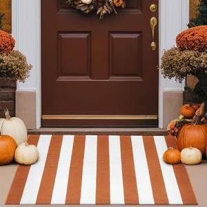 Duraaamo Fall Front Porch Rug 24 x 35 Inch Rust Brown and White Striped Autumn Area Rug Machine Washable Farmhouse Door Mat Layered Rustic Mat for Indoor Outdoor Entryway Halloween Thanksgiving Decor