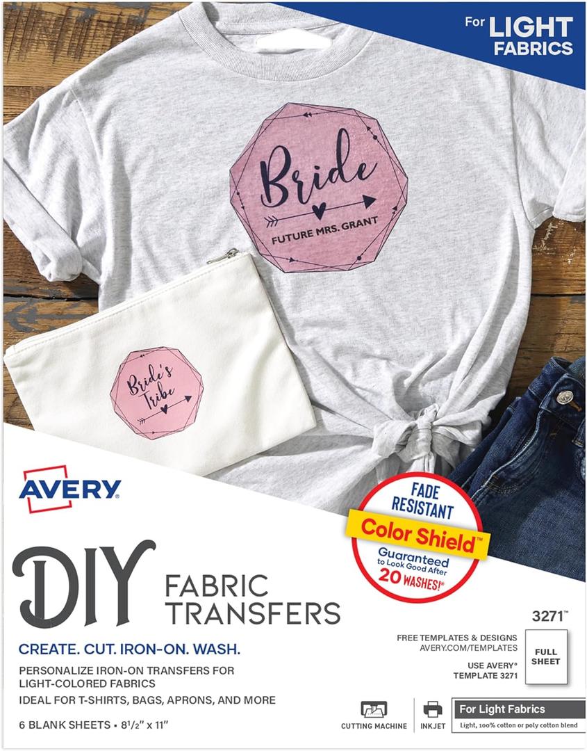 Avery Printable Heat Transfer Paper for Light Fabrics, 8.5" x 11", Inkjet Printer Compatible, 6 Sheets of Iron On Transfer Paper, Great for Custom Shirts, Uniforms, Gifts, and More (3271)