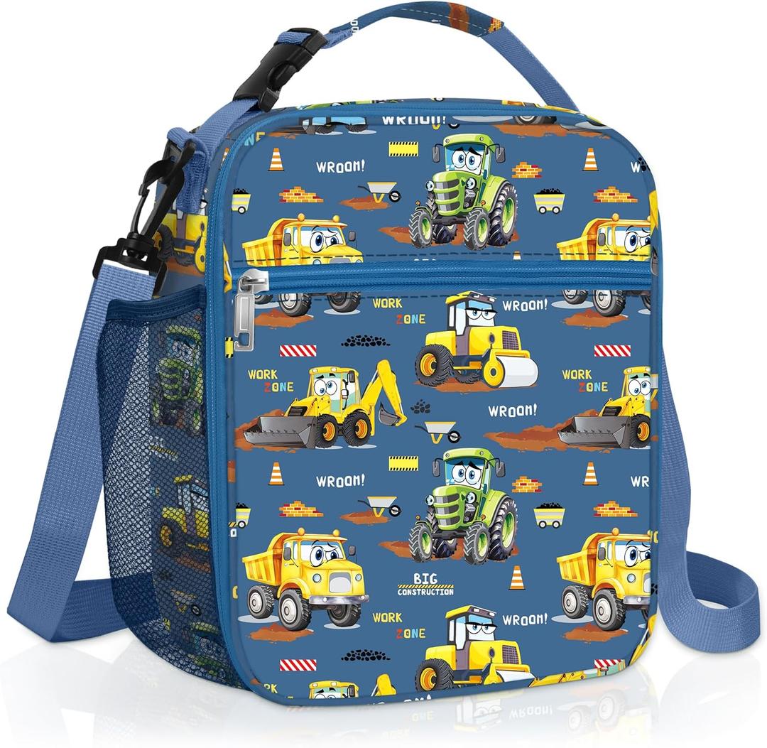 Clastyle Car Insulated Kids Lunch Bag Truck Large Thermal Cooler Bag for Boy Picnic School Lunch Box Tote,Yellow Excavator