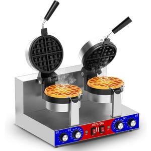 Commercial Belgain Waffle Maker - Rotating Double Waffle Maker w/Non-stick and 1.2 in Thick, Filp Belgian Waffle Machine w/ 122-572℉ Temp Range and Timer, Stainless Steel Waffle Iron, 2400W