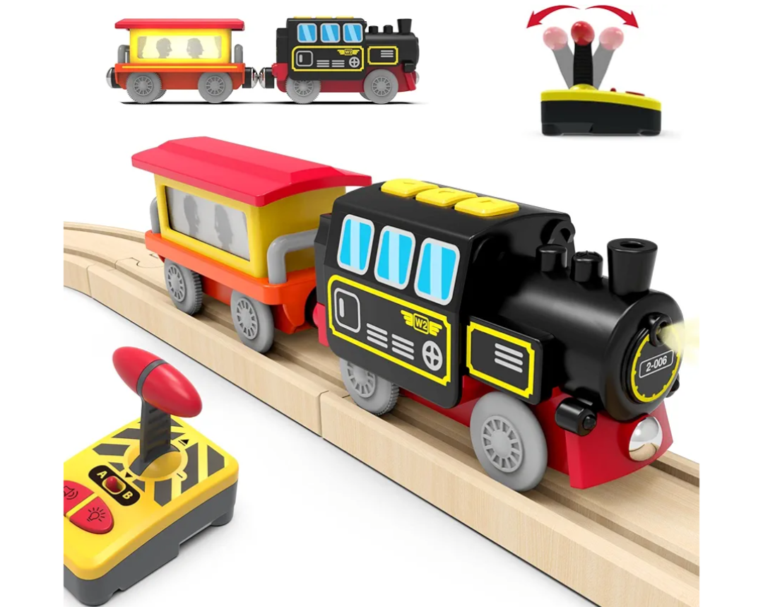 Motorized Train for Wooden Track, Remote Control Train with Magnetic Connection, Battery Operated Locomotive Trains for Toddlers, Compatible with Thomas, Brio, Chuggington