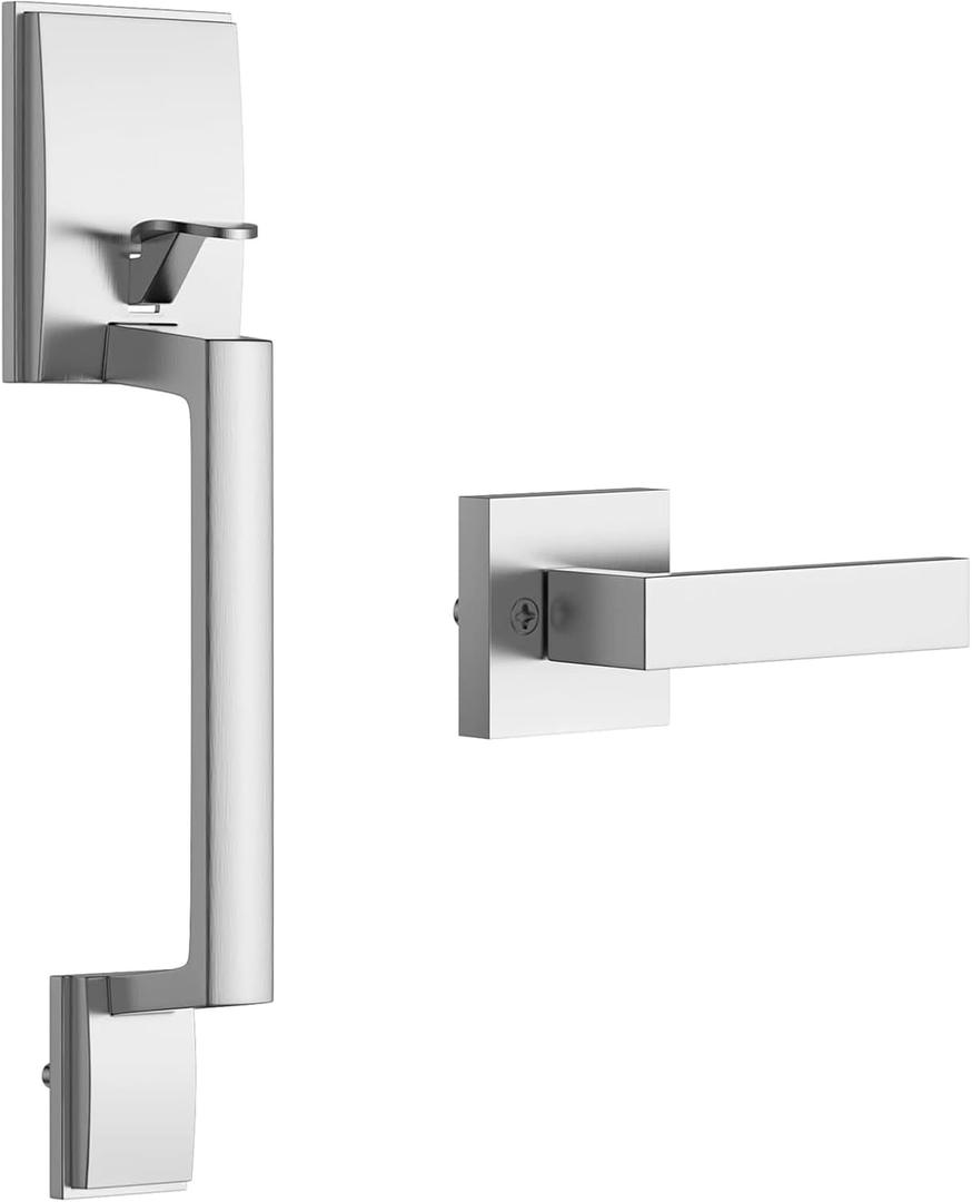 Front Door Handle Entry Door Lock Handle Set for Left or Right Handed Doors Reversible Interior Exterior Single Cylinder Lower Half Adjustable Lever Bright Brass, Non-Locking (Silver)