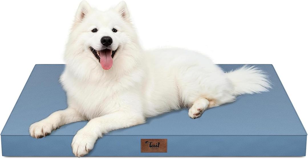 Outdoor Large Washable Dog Bed, Orthopedic Egg Crate Foam Dog Crate Mat for Large Dogs with Removable Oxford Cooling Cover, Blue
